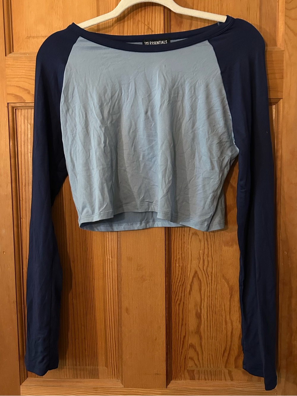Essentials Light Blue and Navy Raglan Long-Sleeve Crop Top